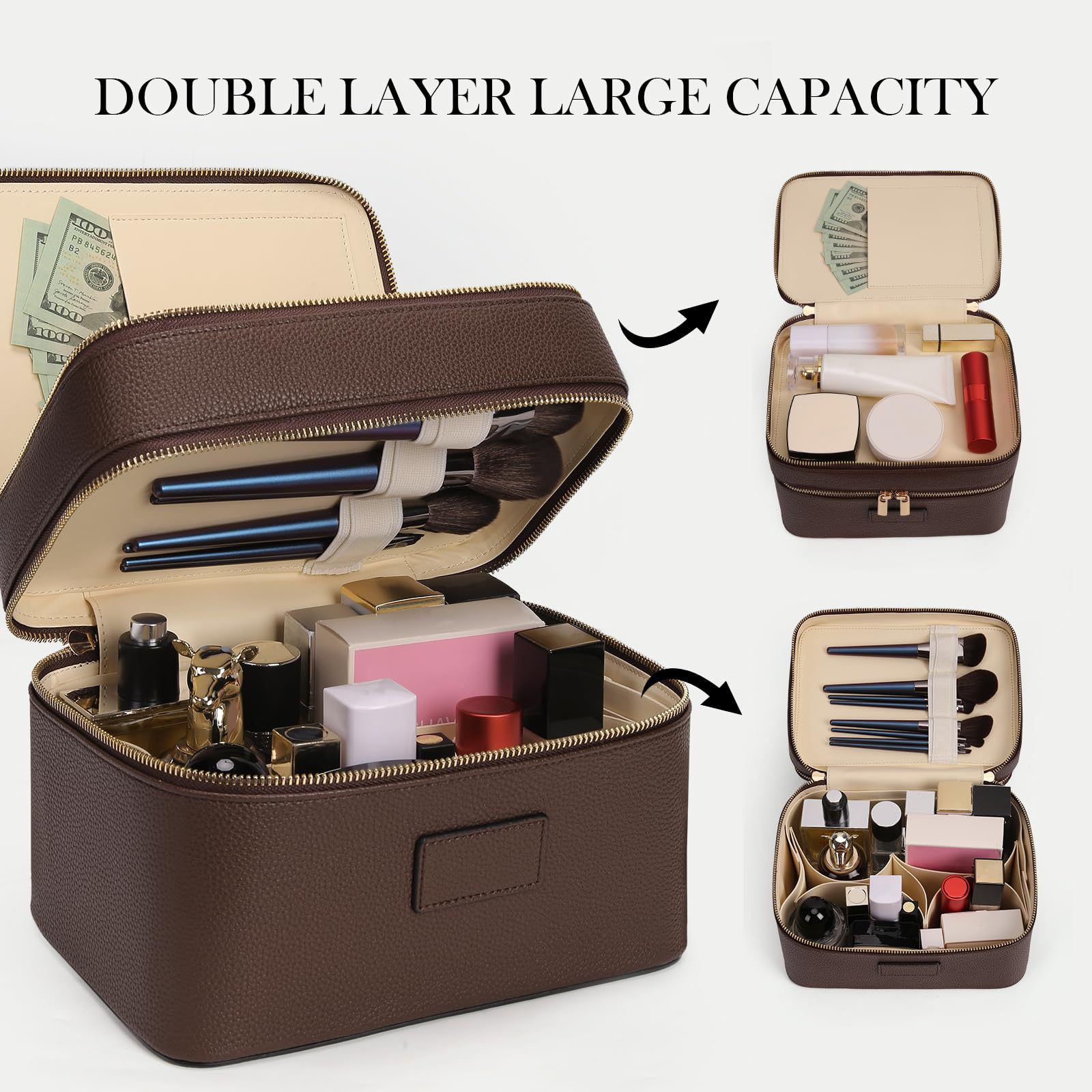 Luxury Bags Leather - 대용량 이중 레이어 고급 화장품 가방,